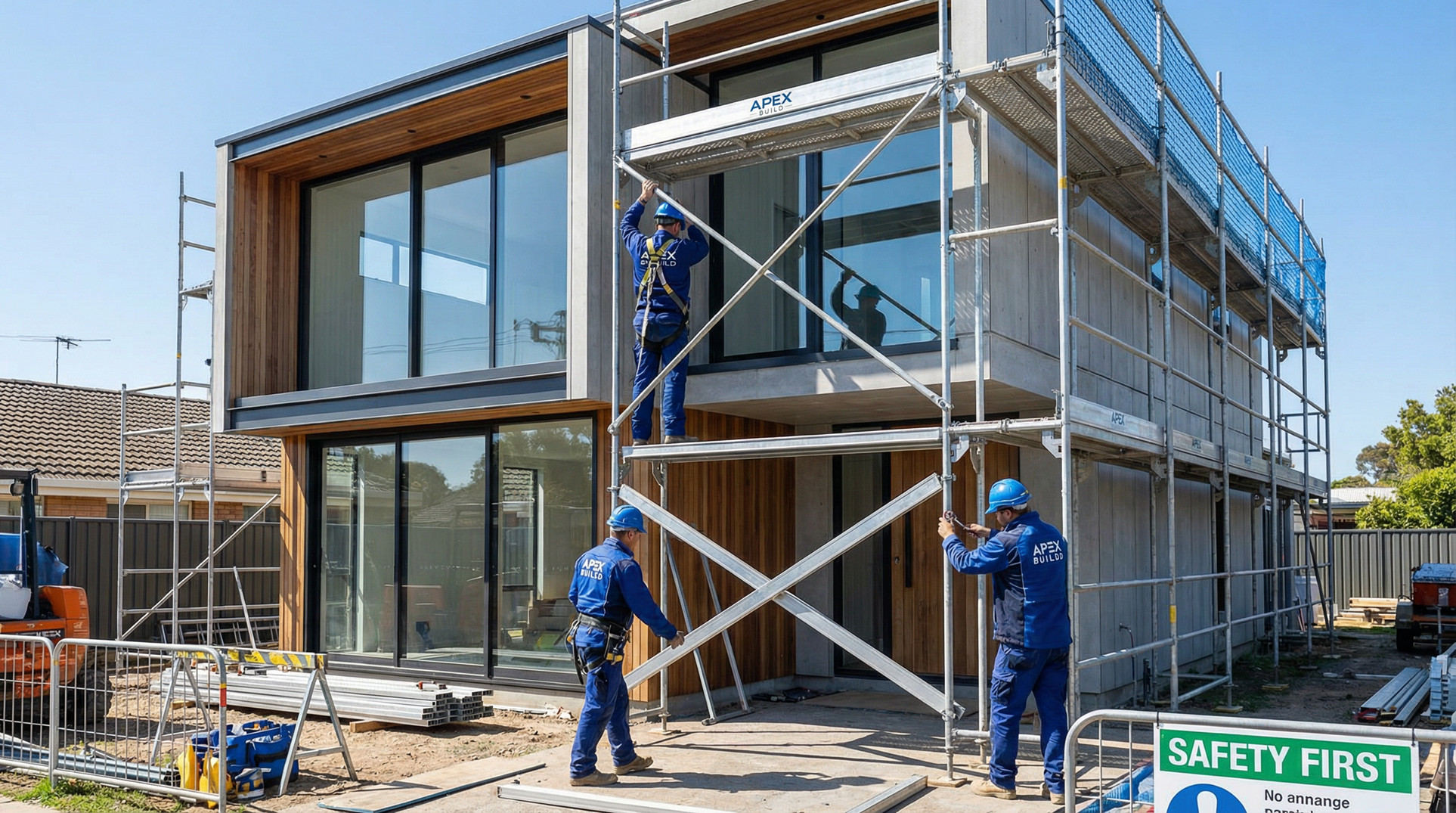 Professioneller Gerüstaufbau an einem modernen Wohnhaus